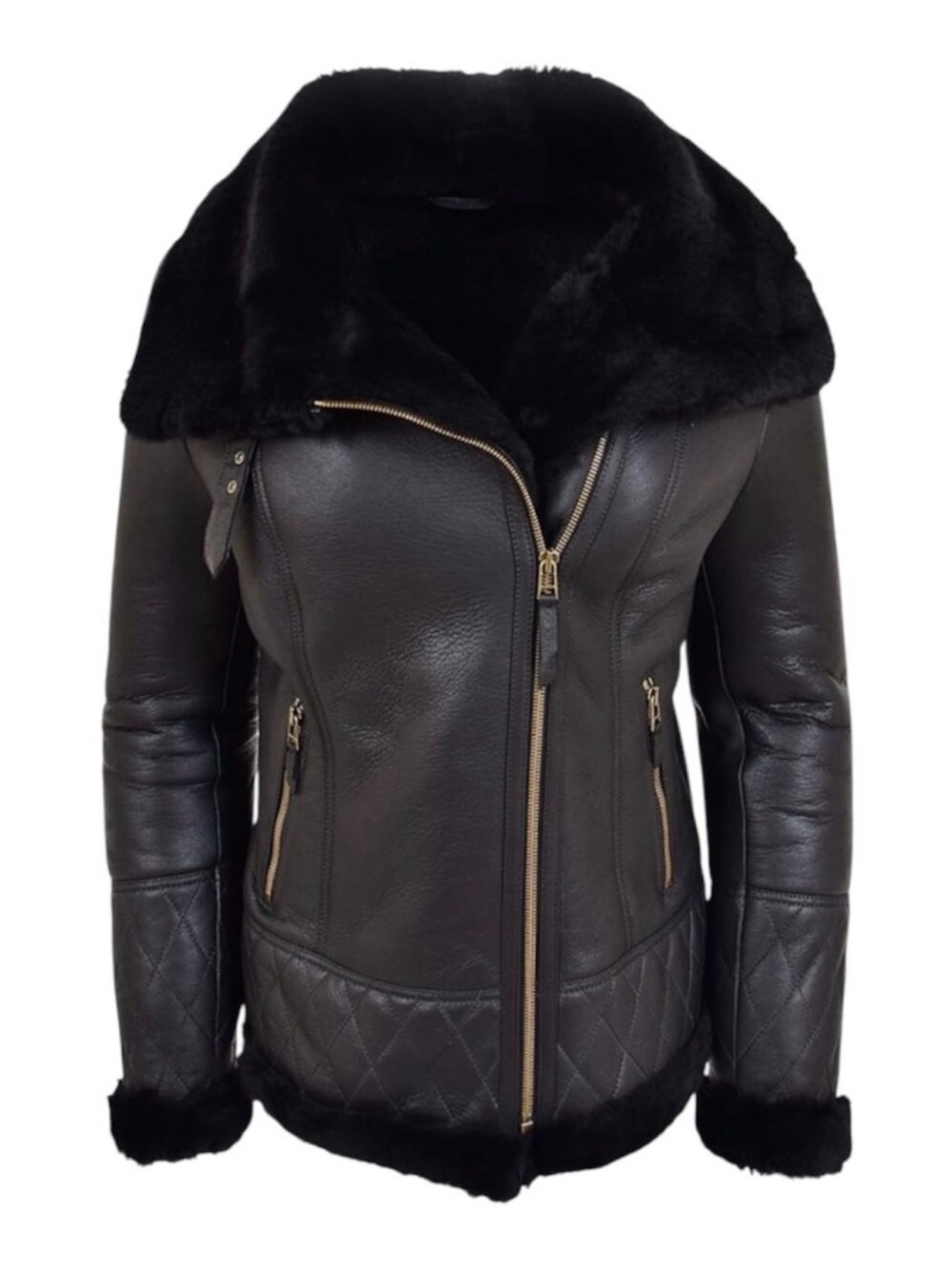 Shearling Aviator Jacket Womens Black 100% Sheepskin Leather B3 Bomber Coat XL